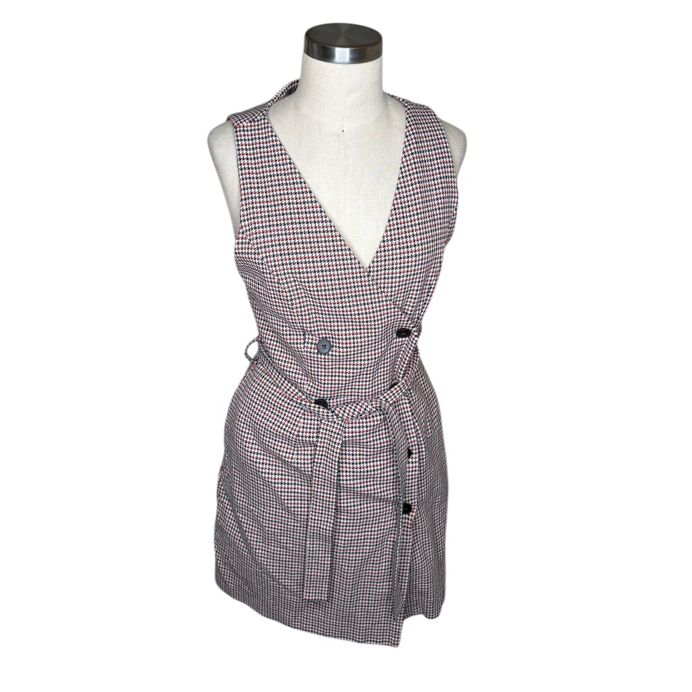 FRANK AND OAK Houndstooth Vest Mini Dress Red Black Women's Size Medium Plaid